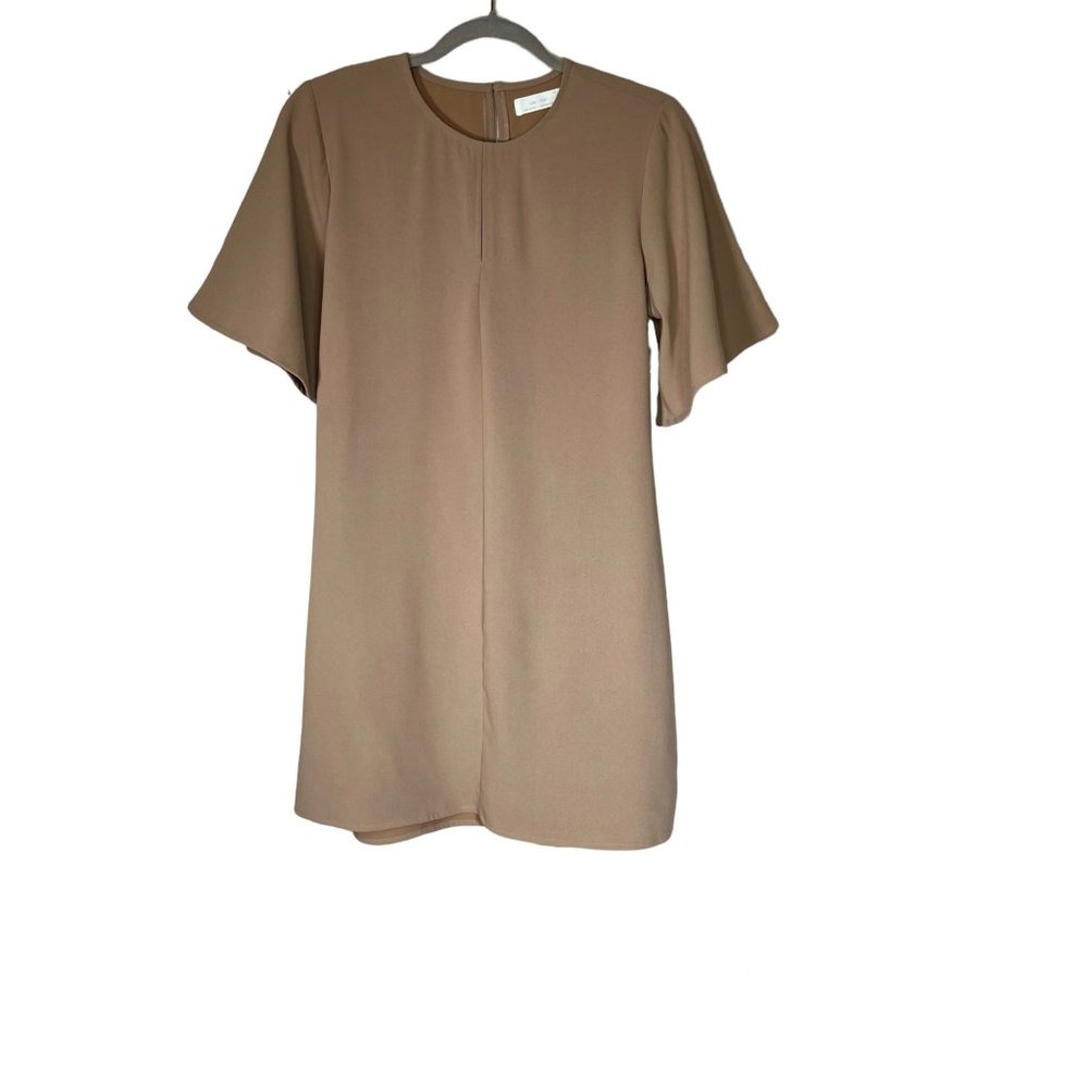 Oak + Fort Shift Dress Small Belted Flare Flutter Short Sleeve Tan Bohemian Flaw